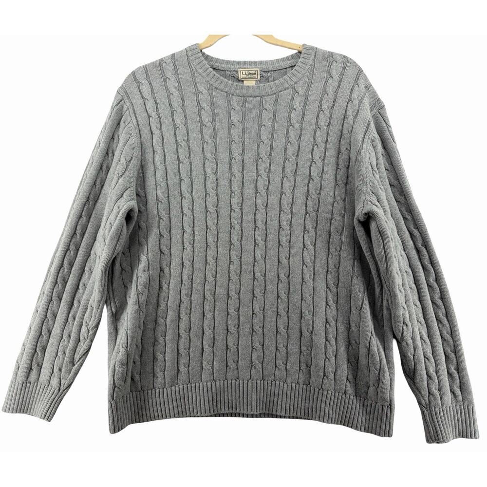 L.L. Bean Cable Knit Sweater 100% Cotton Gray Men's Large TALL Cabincore Heavy